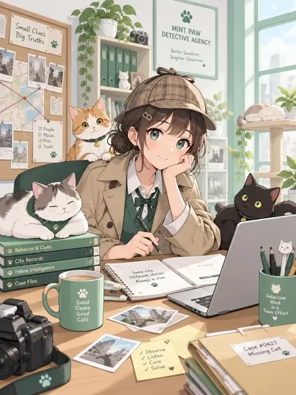 《猫咪侦探社》动漫海报，暖灯下办案的猫咪