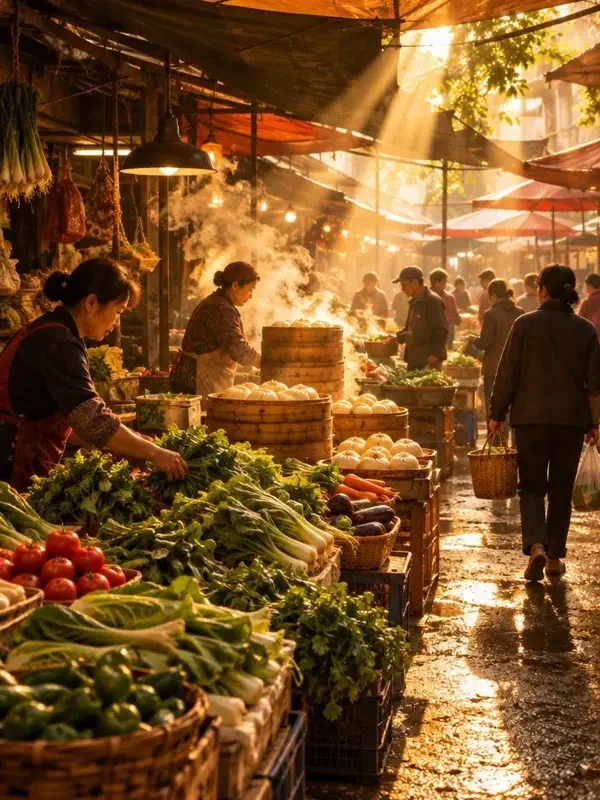 《早市》纪录片海报，晨光里的早市摊位
